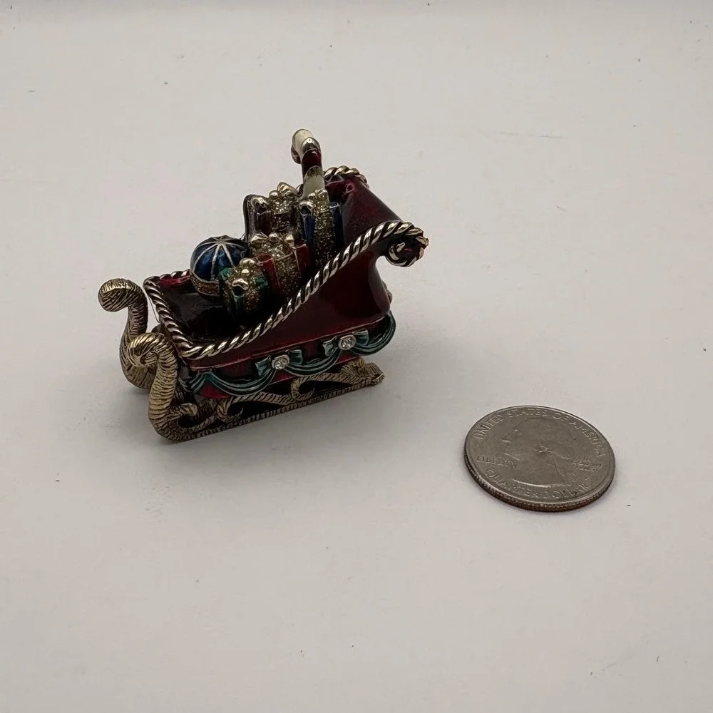 Monet Enameled Christmas Sleigh Trinket Box Red Gold Tone Crystal Accents